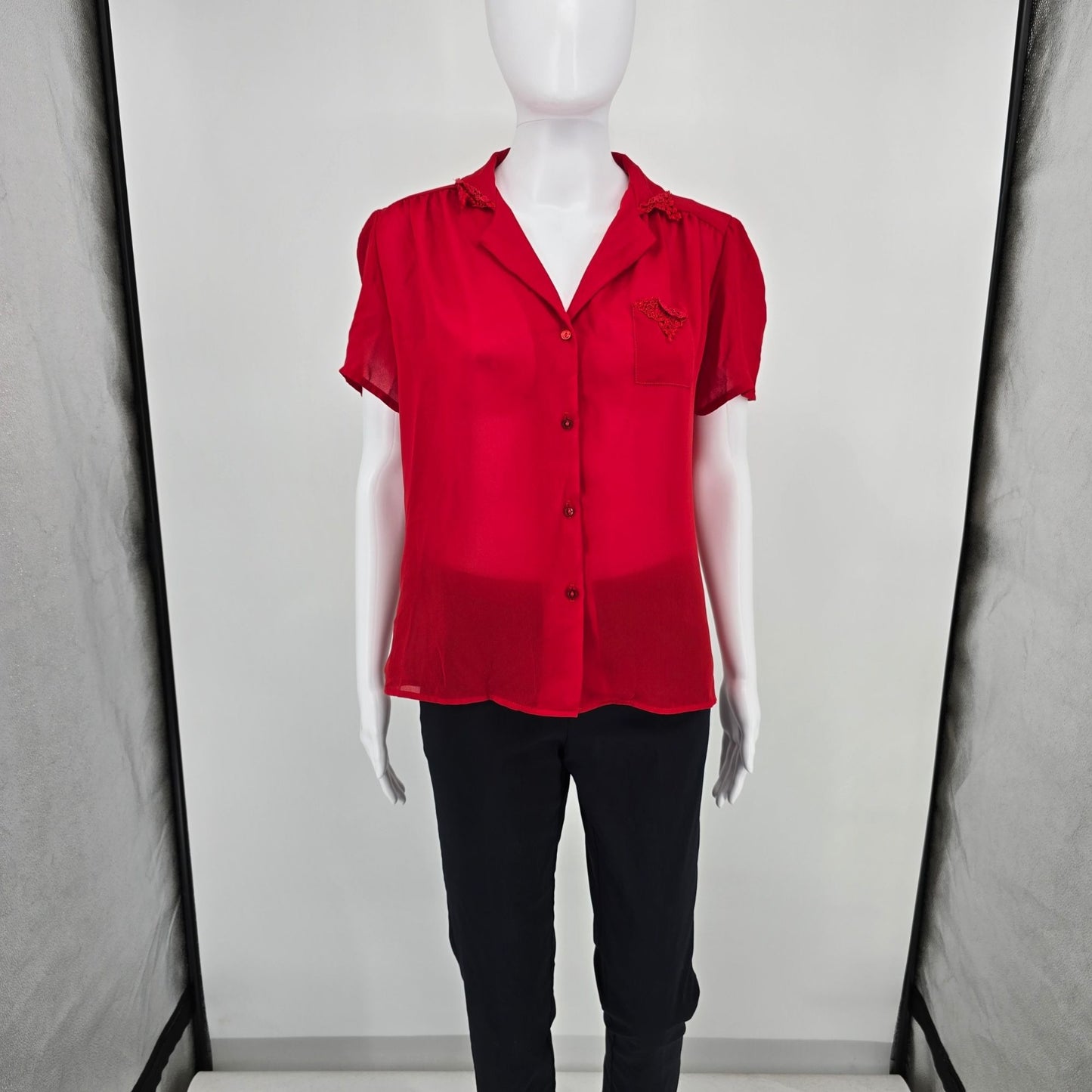 Vintage 1980s Chain Gang California Red Semi-Sheer Button-Front Blouse (M)