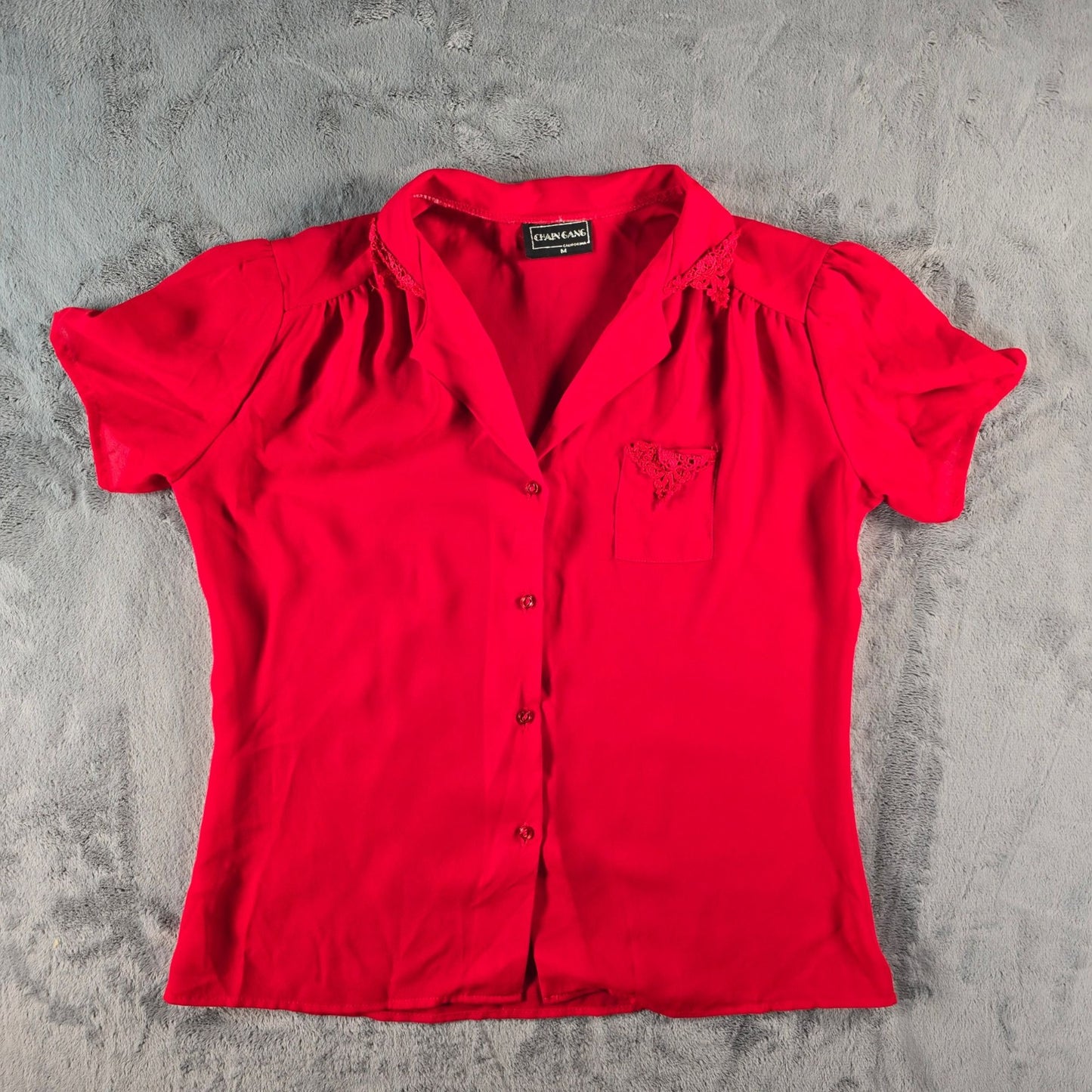 Vintage 1980s Chain Gang California Red Semi-Sheer Button-Front Blouse (M)