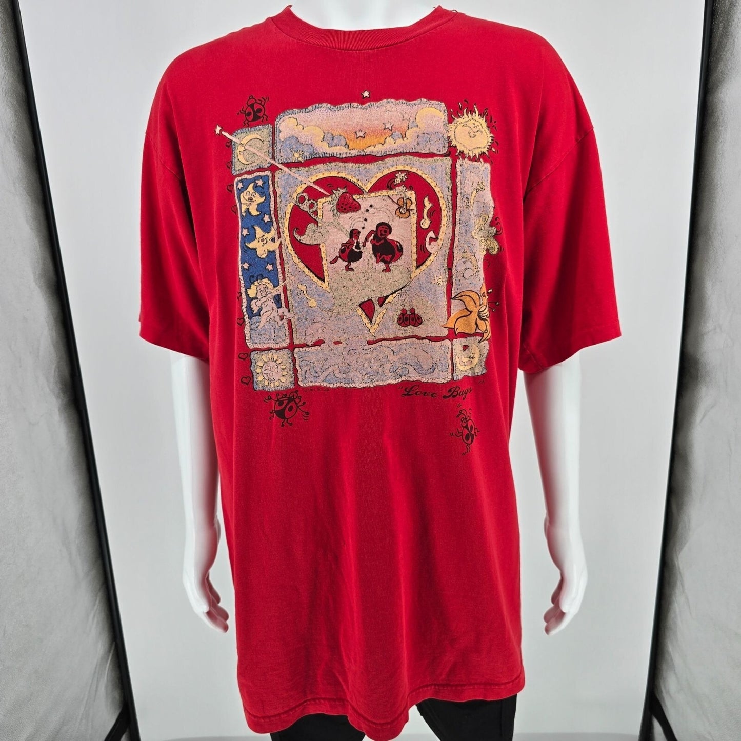 Distressed Vintage 1990s Murina Red "Love Bugs" Graphic T-Shirt (OSFA/XL/2XL)