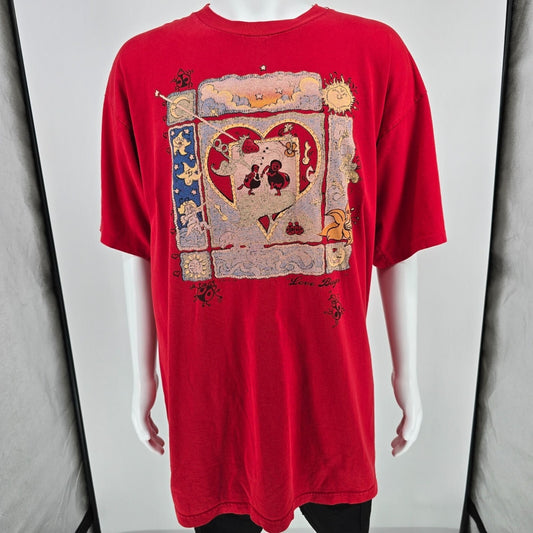 Distressed Vintage 1990s Murina Red "Love Bugs" Graphic T-Shirt (OSFA/XL/2XL)
