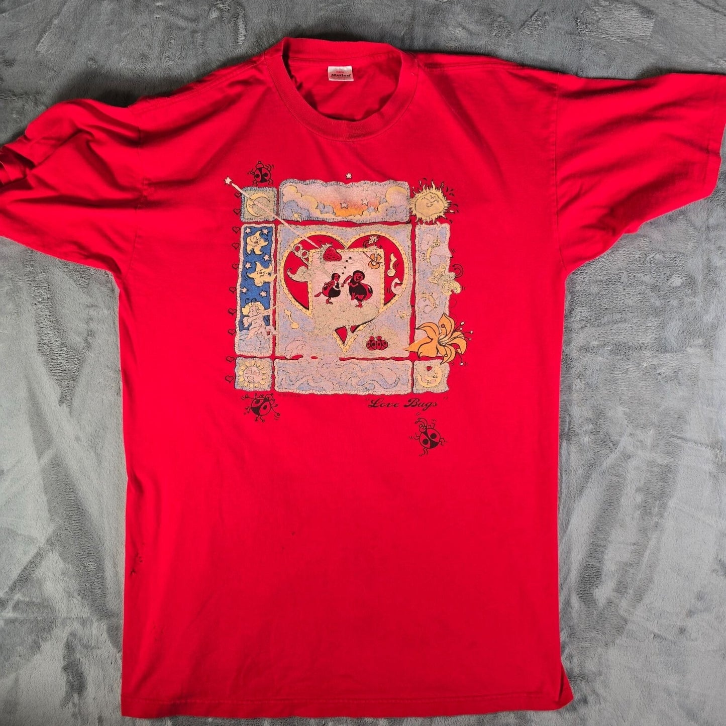 Distressed Vintage 1990s Murina Red "Love Bugs" Graphic T-Shirt (OSFA/XL/2XL)
