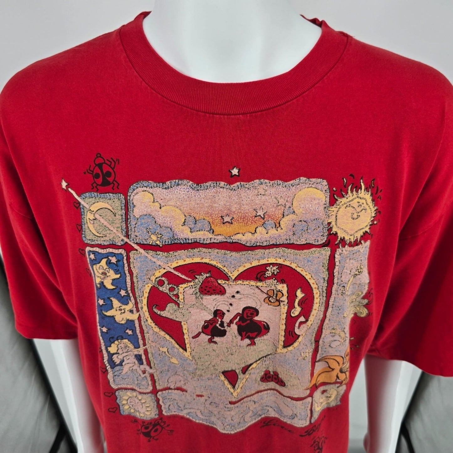 Distressed Vintage 1990s Murina Red "Love Bugs" Graphic T-Shirt (OSFA/XL/2XL)