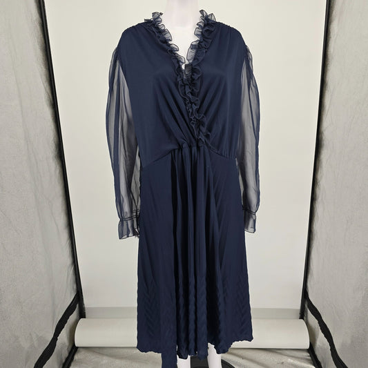 Vintage Late 1970s Riccardo Navy Blue Chiffon Sleeve Pleated Midi Dress (XL)