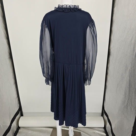 Vintage Late 1970s Riccardo Navy Blue Chiffon Sleeve Pleated Midi Dress (XL)