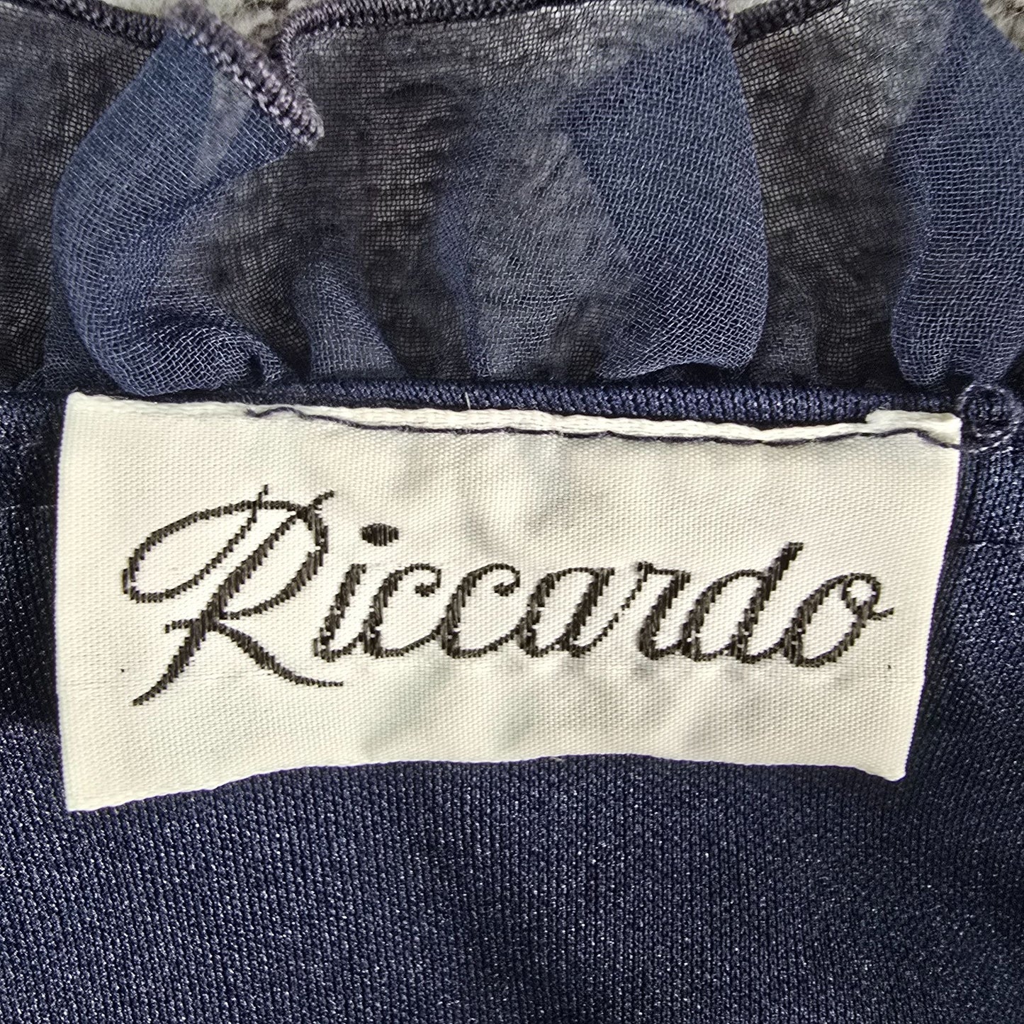 Vintage Late 1970s Riccardo Navy Blue Chiffon Sleeve Pleated Midi Dress (XL)