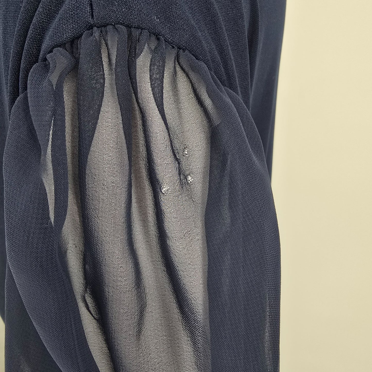 Vintage Late 1970s Riccardo Navy Blue Chiffon Sleeve Pleated Midi Dress (XL)