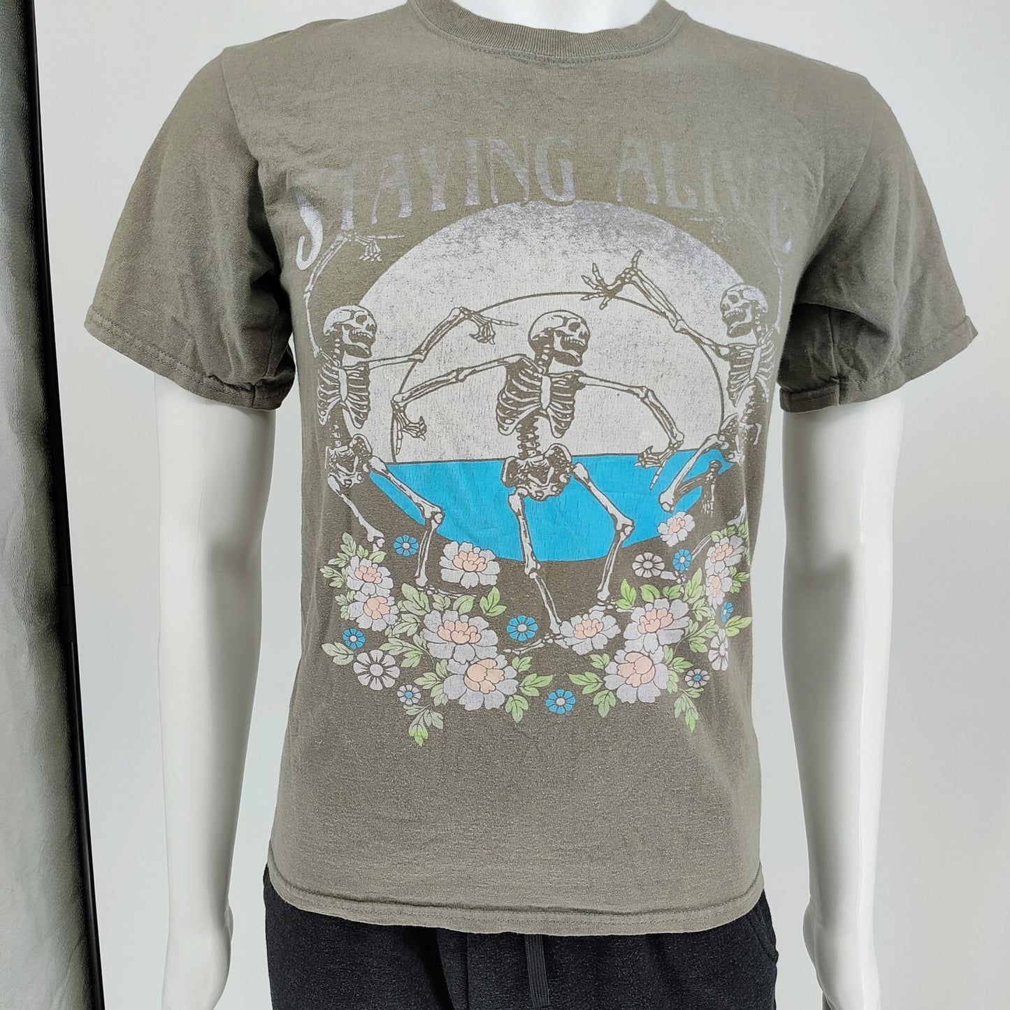 Obsessive Love "Staying Alive" Skeletons and Flowers Taupe Graphic T-Shirt (S)