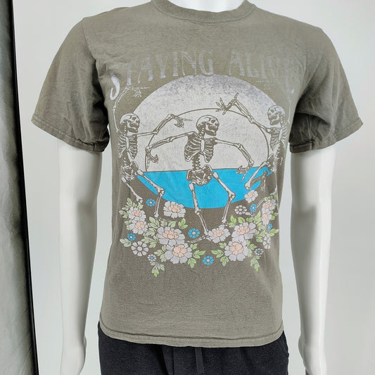 Obsessive Love "Staying Alive" Skeletons and Flowers Taupe Graphic T-Shirt (S)