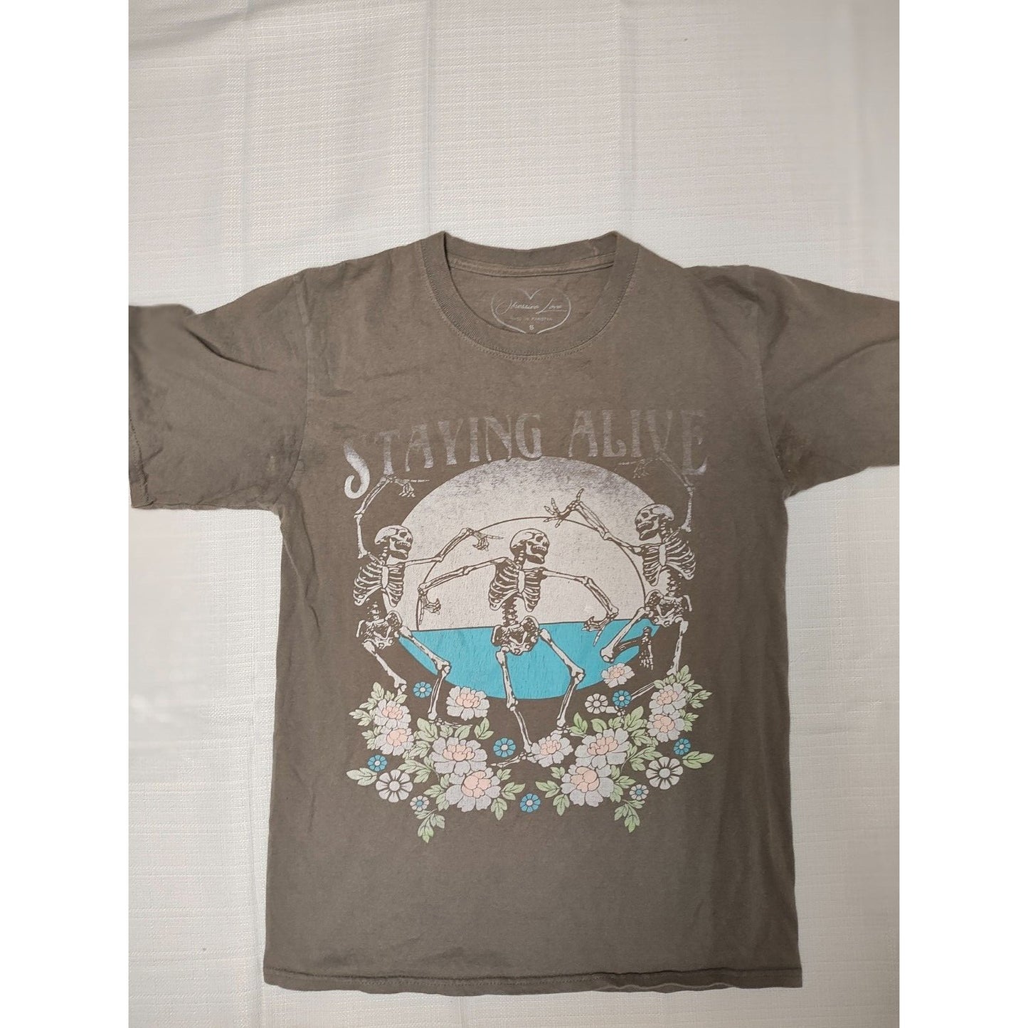 Obsessive Love "Staying Alive" Skeletons and Flowers Taupe Graphic T-Shirt (S)