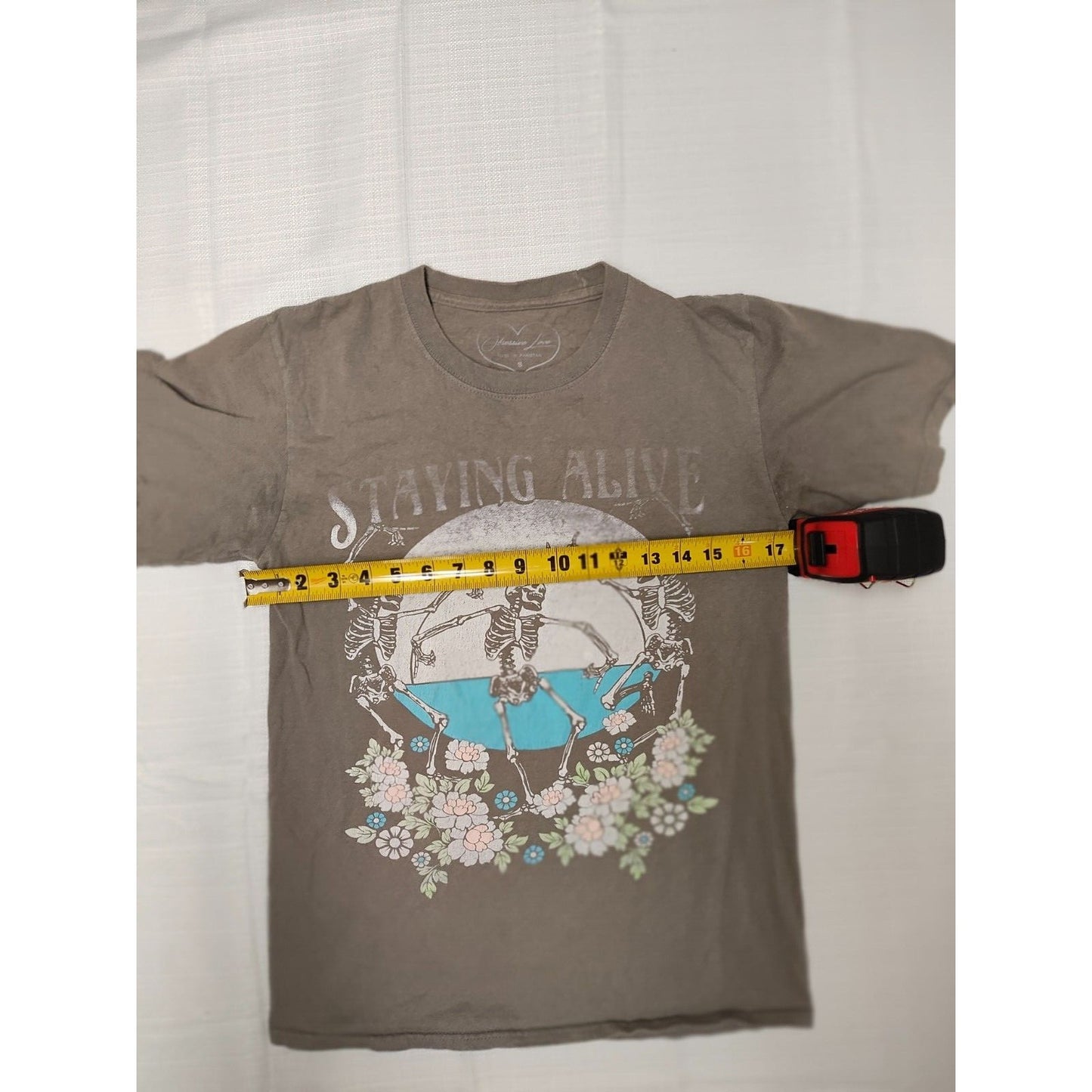Obsessive Love "Staying Alive" Skeletons and Flowers Taupe Graphic T-Shirt (S)