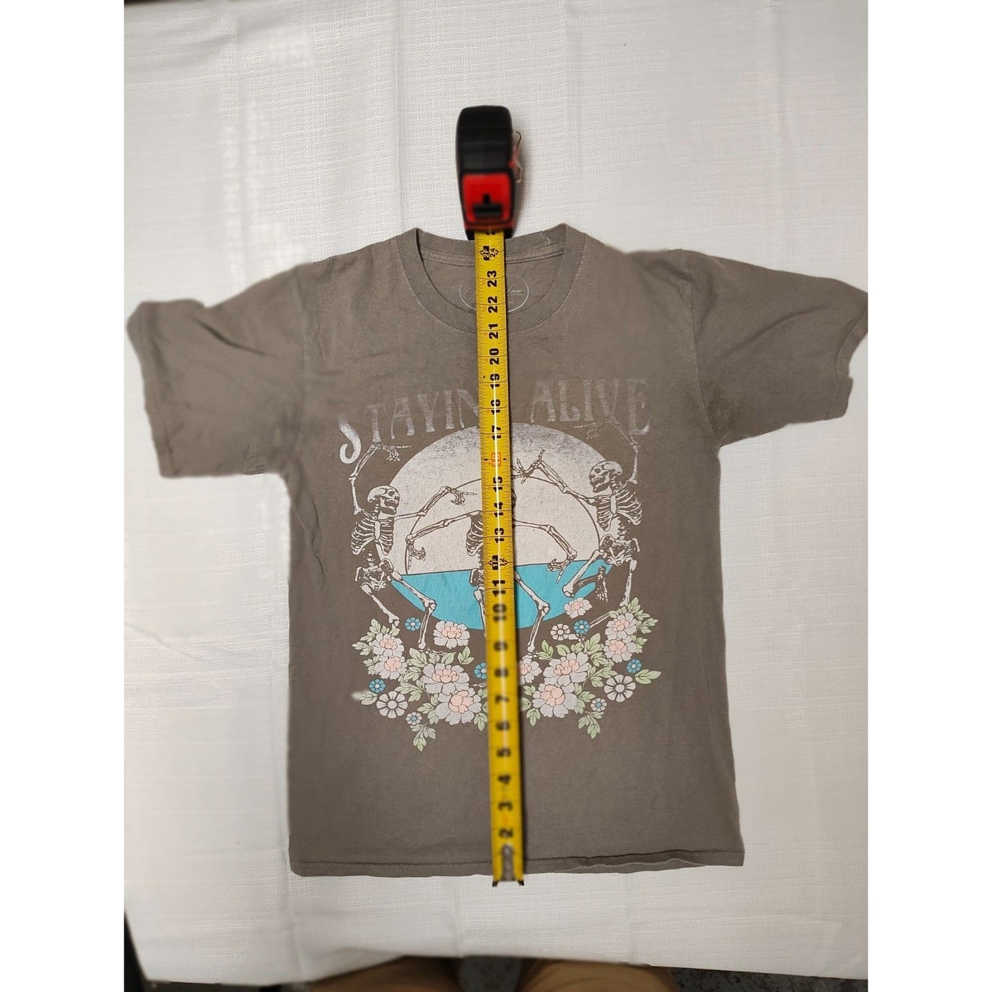 Obsessive Love "Staying Alive" Skeletons and Flowers Taupe Graphic T-Shirt (S)