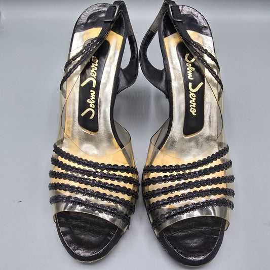 Vintage 1960s John Jerro Clear Vinyl & Black Slingback Stiletto Heels (8.5AA)