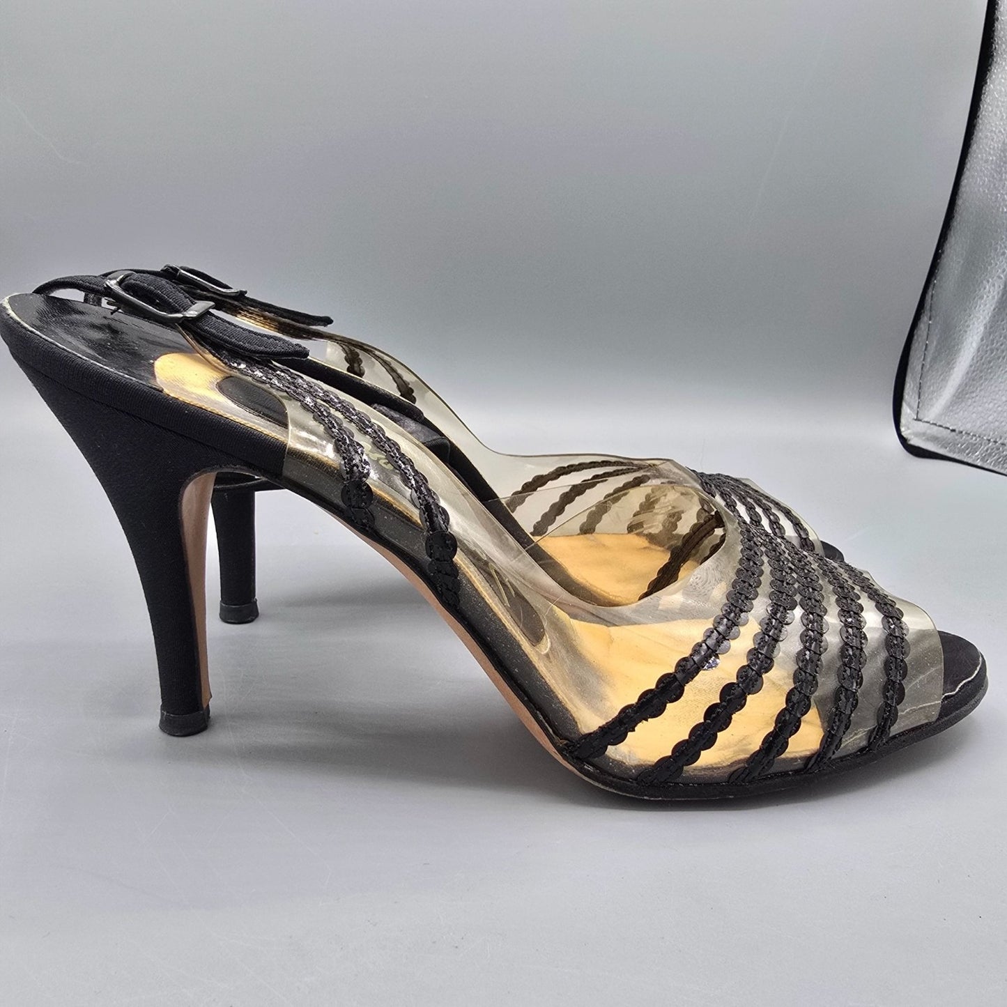 Vintage 1960s John Jerro Clear Vinyl & Black Slingback Stiletto Heels (8.5AA)