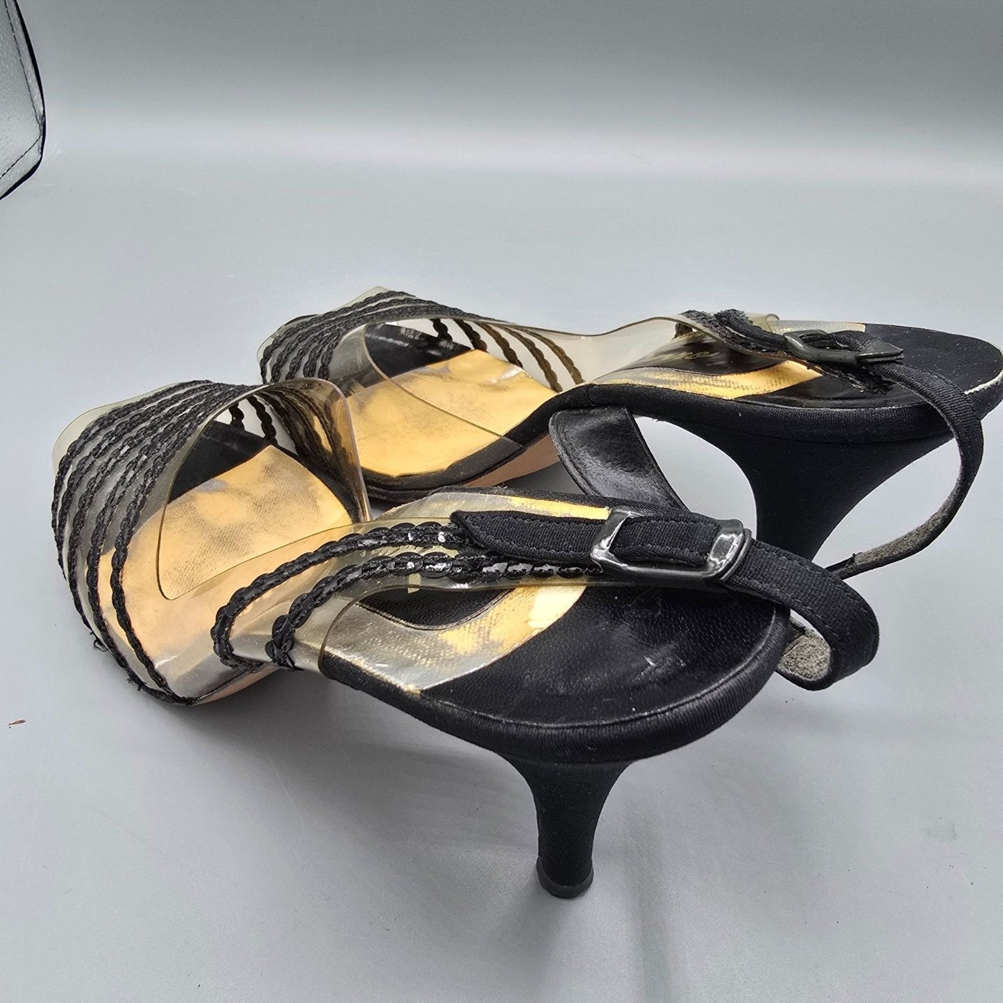 Vintage 1960s John Jerro Clear Vinyl & Black Slingback Stiletto Heels (8.5AA)