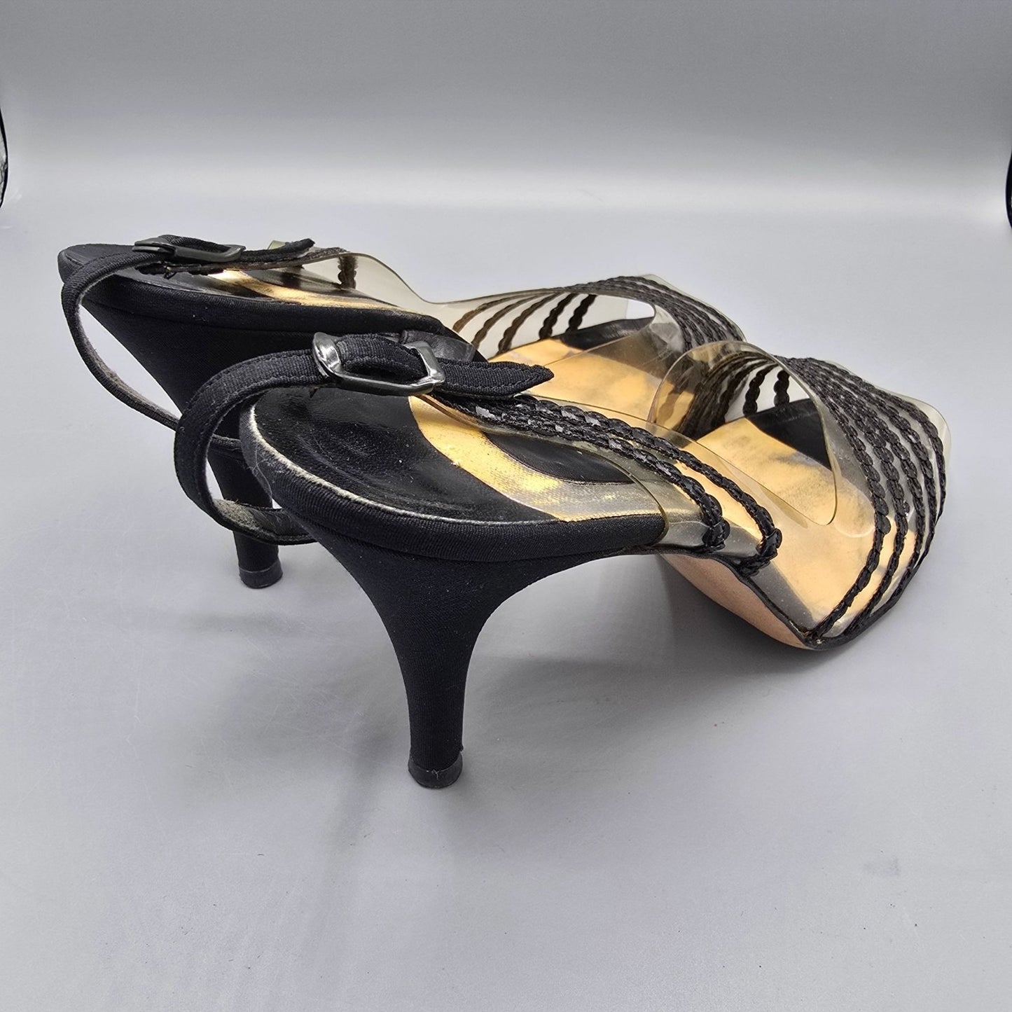 Vintage 1960s John Jerro Clear Vinyl & Black Slingback Stiletto Heels (8.5AA)