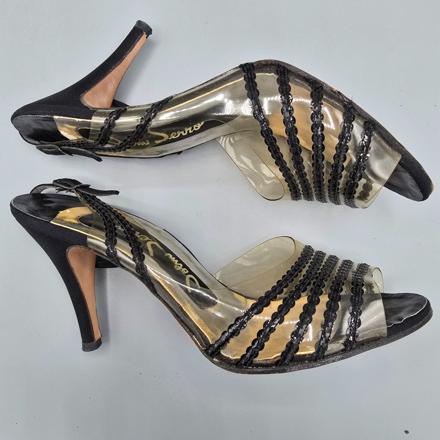 Vintage 1960s John Jerro Clear Vinyl & Black Slingback Stiletto Heels (8.5AA)