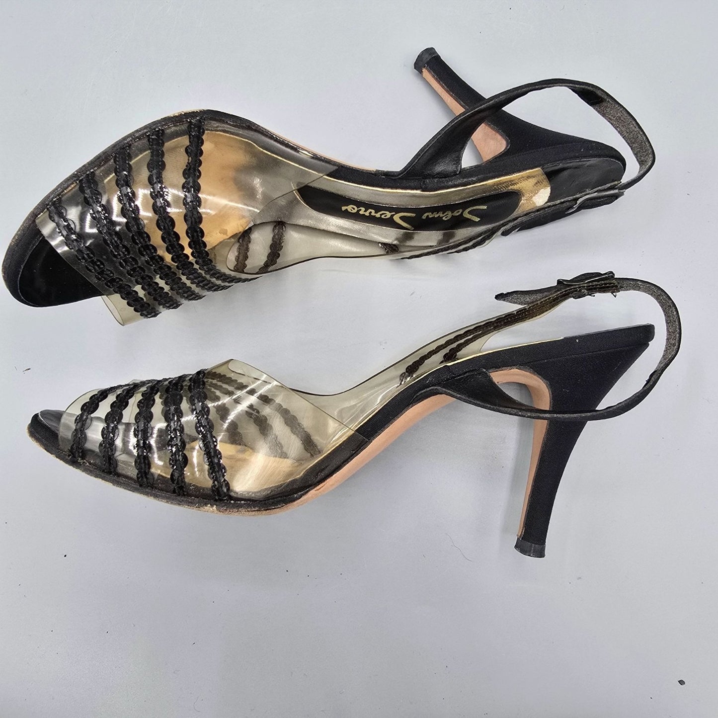 Vintage 1960s John Jerro Clear Vinyl & Black Slingback Stiletto Heels (8.5AA)