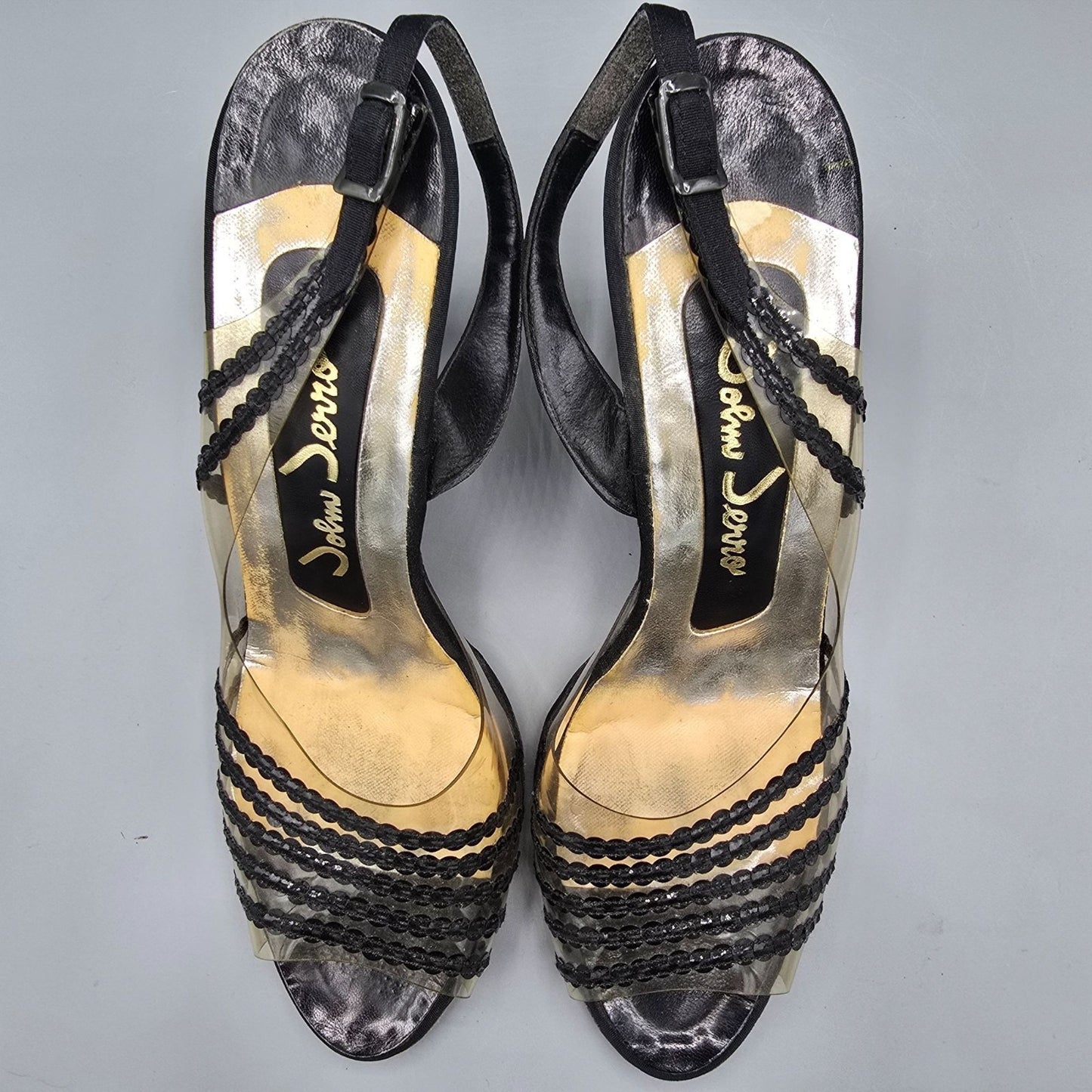Vintage 1960s John Jerro Clear Vinyl & Black Slingback Stiletto Heels (8.5AA)