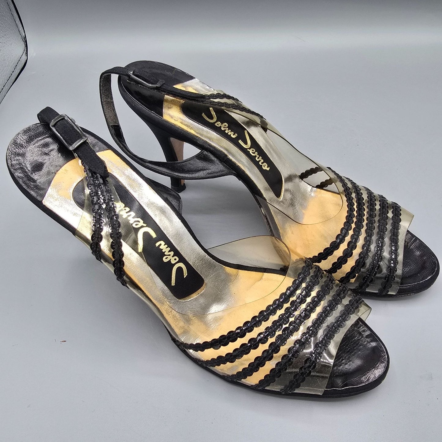 Vintage 1960s John Jerro Clear Vinyl & Black Slingback Stiletto Heels (8.5AA)