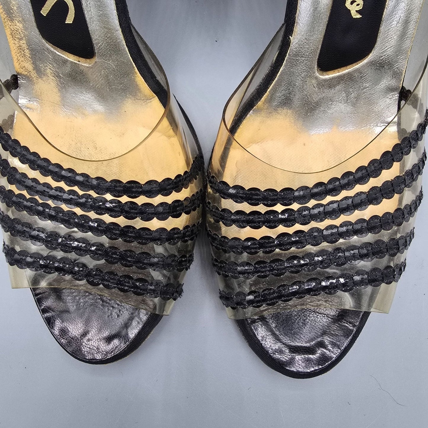 Vintage 1960s John Jerro Clear Vinyl & Black Slingback Stiletto Heels (8.5AA)