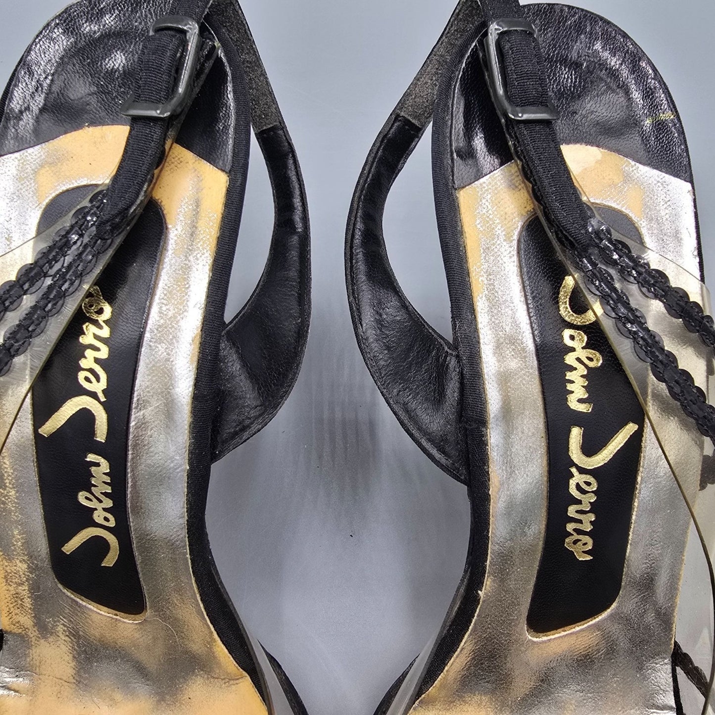 Vintage 1960s John Jerro Clear Vinyl & Black Slingback Stiletto Heels (8.5AA)
