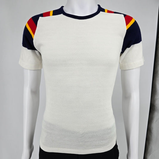 Vintage 1970s JCPenney "Fashion Fleece" Acrylic Rainbow-Striped Sweater-Tee (XS)