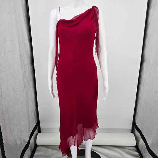 Vintage Y2K Caché Red Silk Chiffon Layered Asymmetrical Evening Dress (XS)