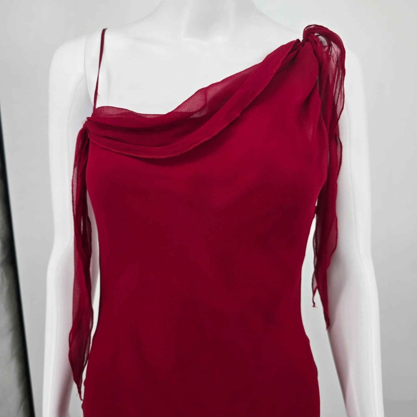 Vintage Y2K Caché Red Silk Chiffon Layered Asymmetrical Evening Dress (XS)