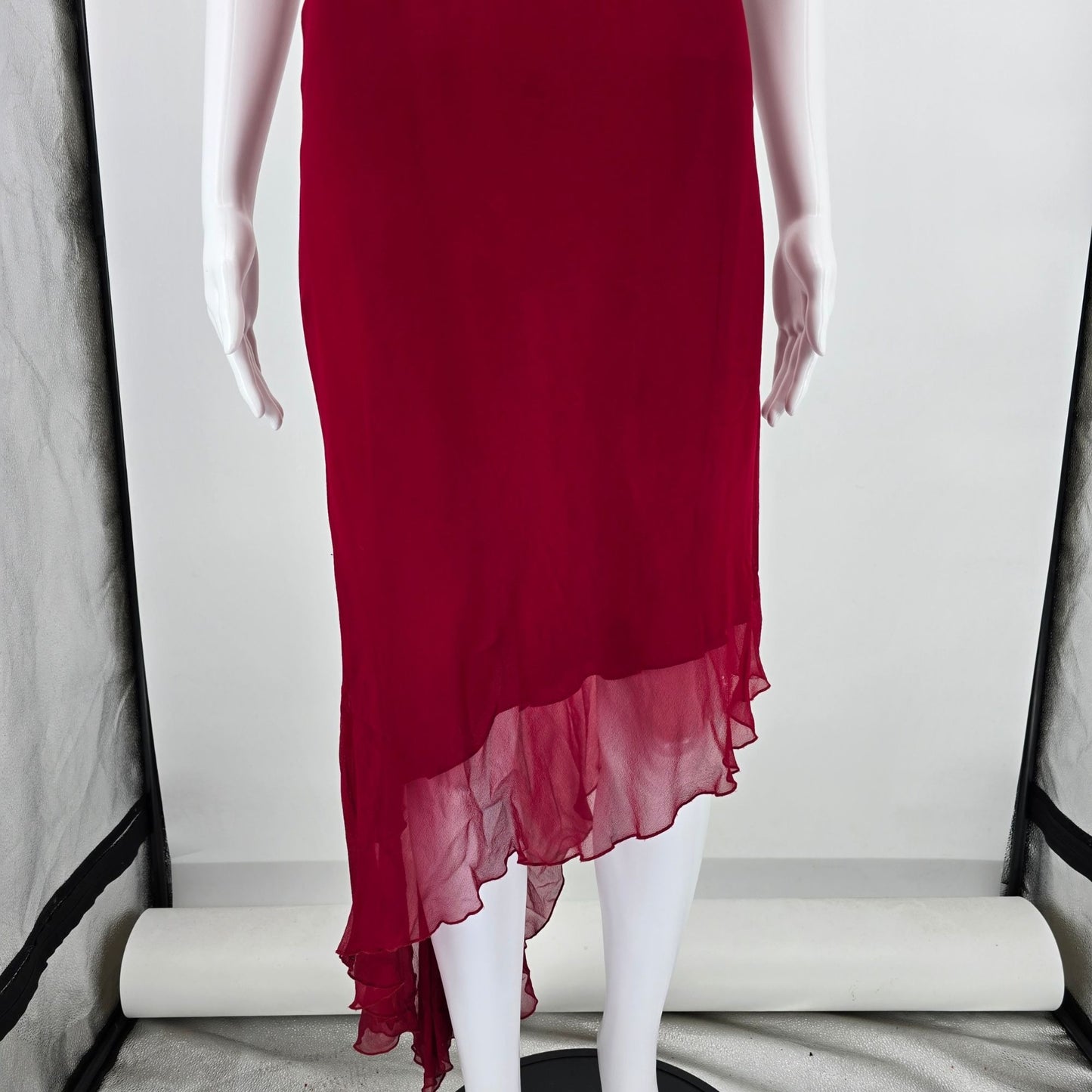 Vintage Y2K Caché Red Silk Chiffon Layered Asymmetrical Evening Dress (XS)