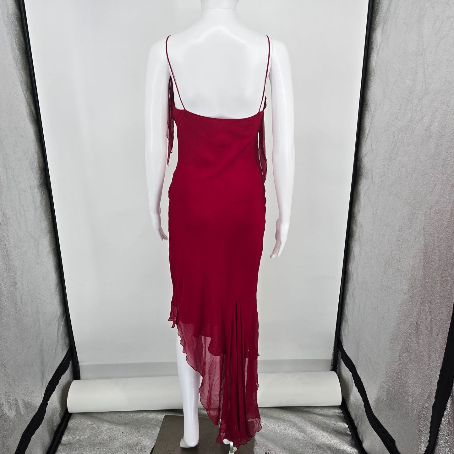 Vintage Y2K Caché Red Silk Chiffon Layered Asymmetrical Evening Dress (XS)