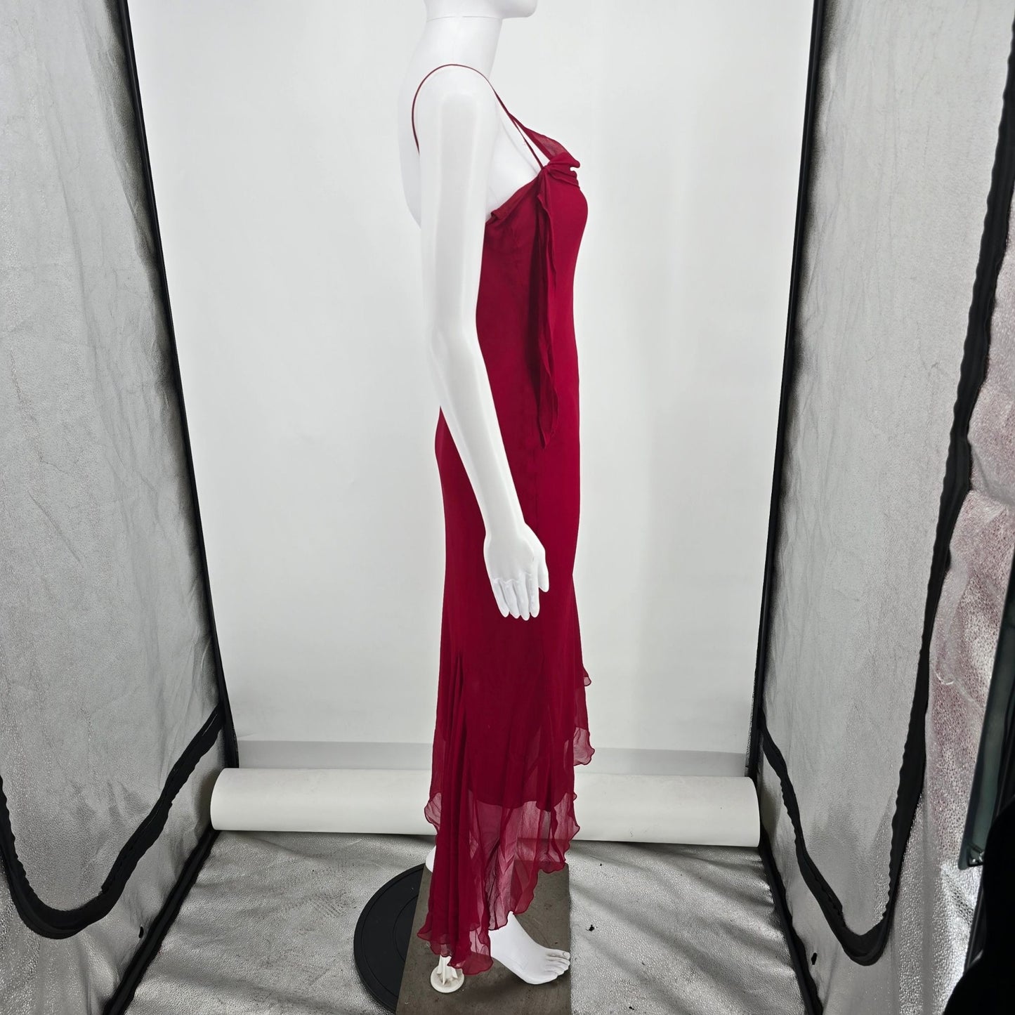 Vintage Y2K Caché Red Silk Chiffon Layered Asymmetrical Evening Dress (XS)