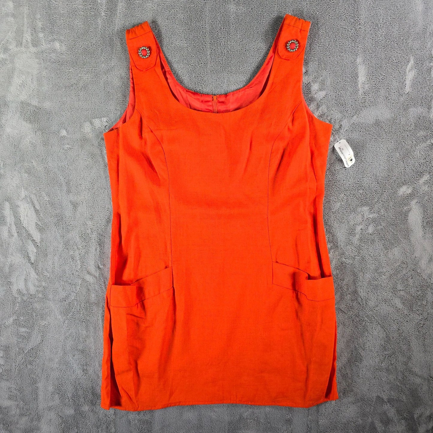 Vintage 1960s Mod Orange Sleeveless Pocketed Jumper-Style Shift Mini Dress (L)