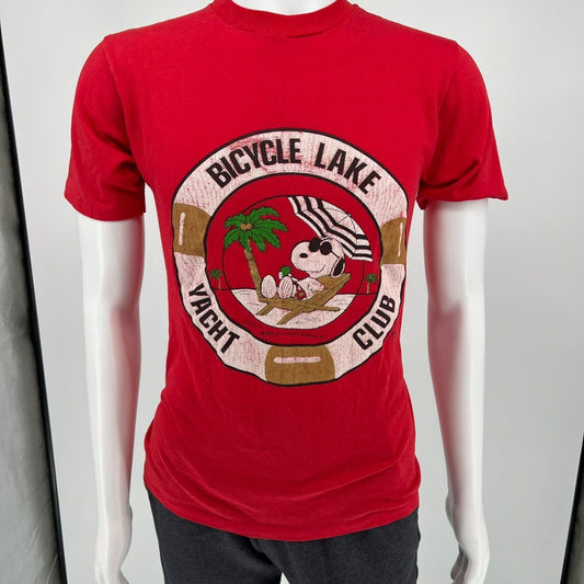 Vintage Single-Stitch Red Snoopy "Bicycle Lake Yacht Club" Shirt (Small)