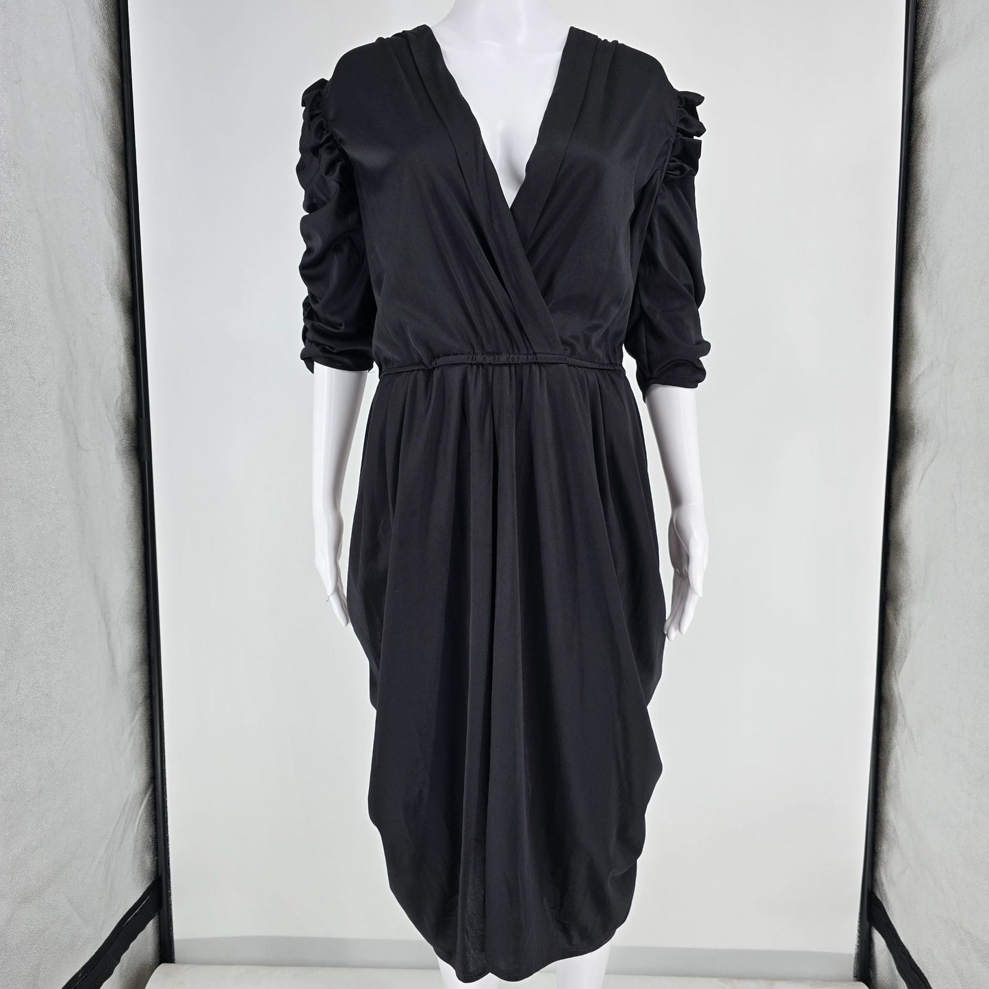 Vintage 1980s Black Supplice V-Neck Ruched Sleeve Elastic Waist Midi Dress (L)