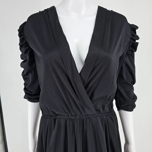 Vintage 1980s Black Supplice V-Neck Ruched Sleeve Elastic Waist Midi Dress (L)