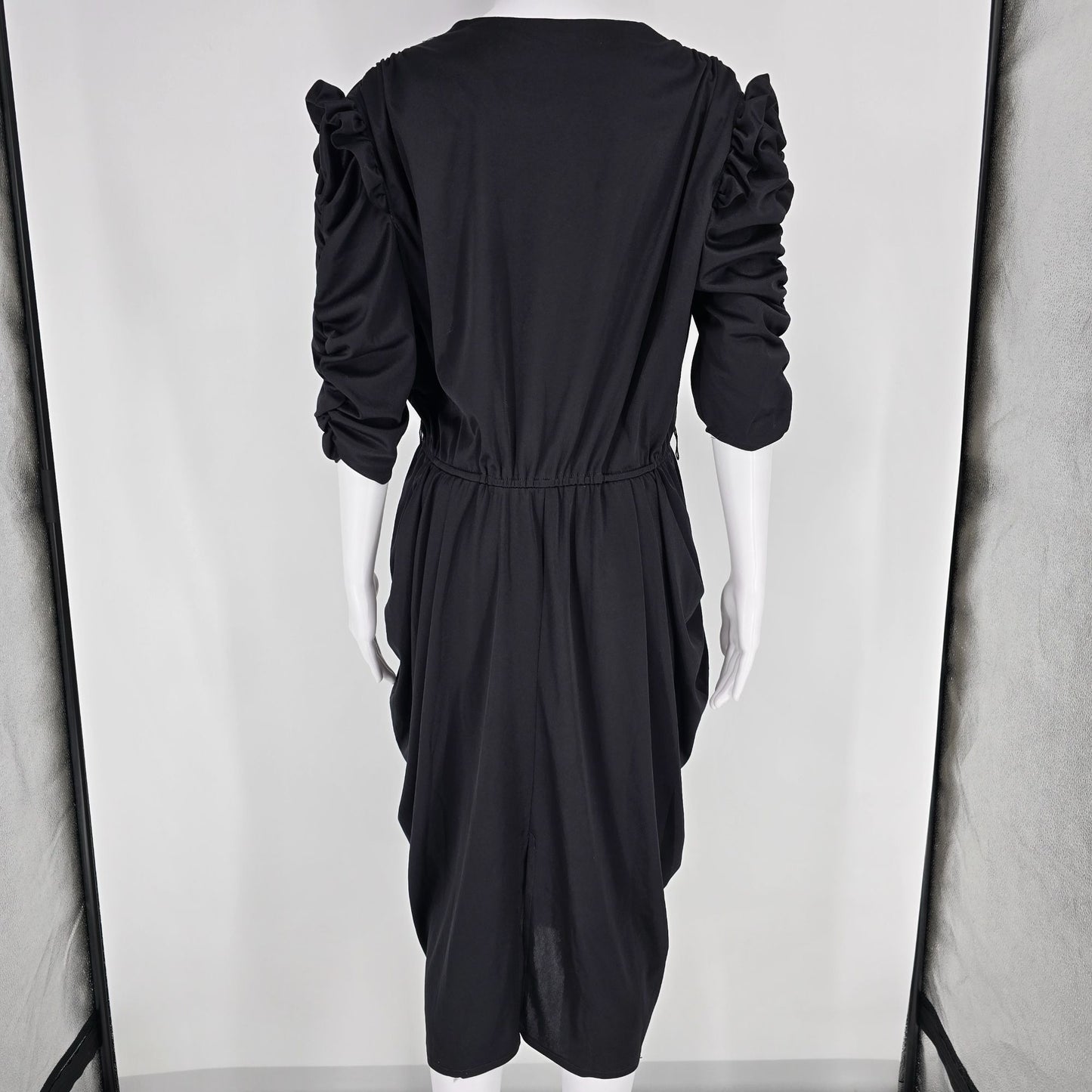 Vintage 1980s Black Supplice V-Neck Ruched Sleeve Elastic Waist Midi Dress (L)
