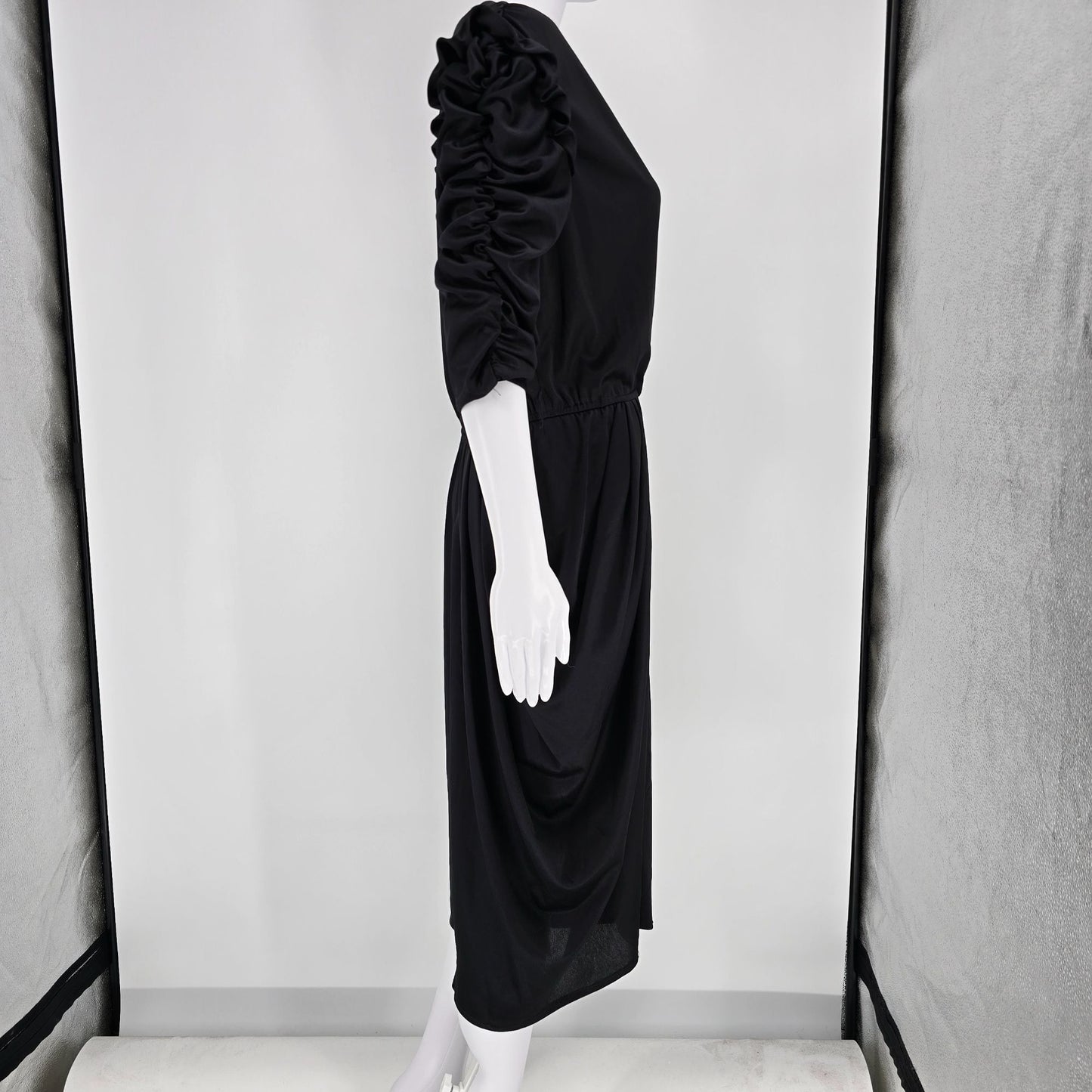 Vintage 1980s Black Supplice V-Neck Ruched Sleeve Elastic Waist Midi Dress (L)