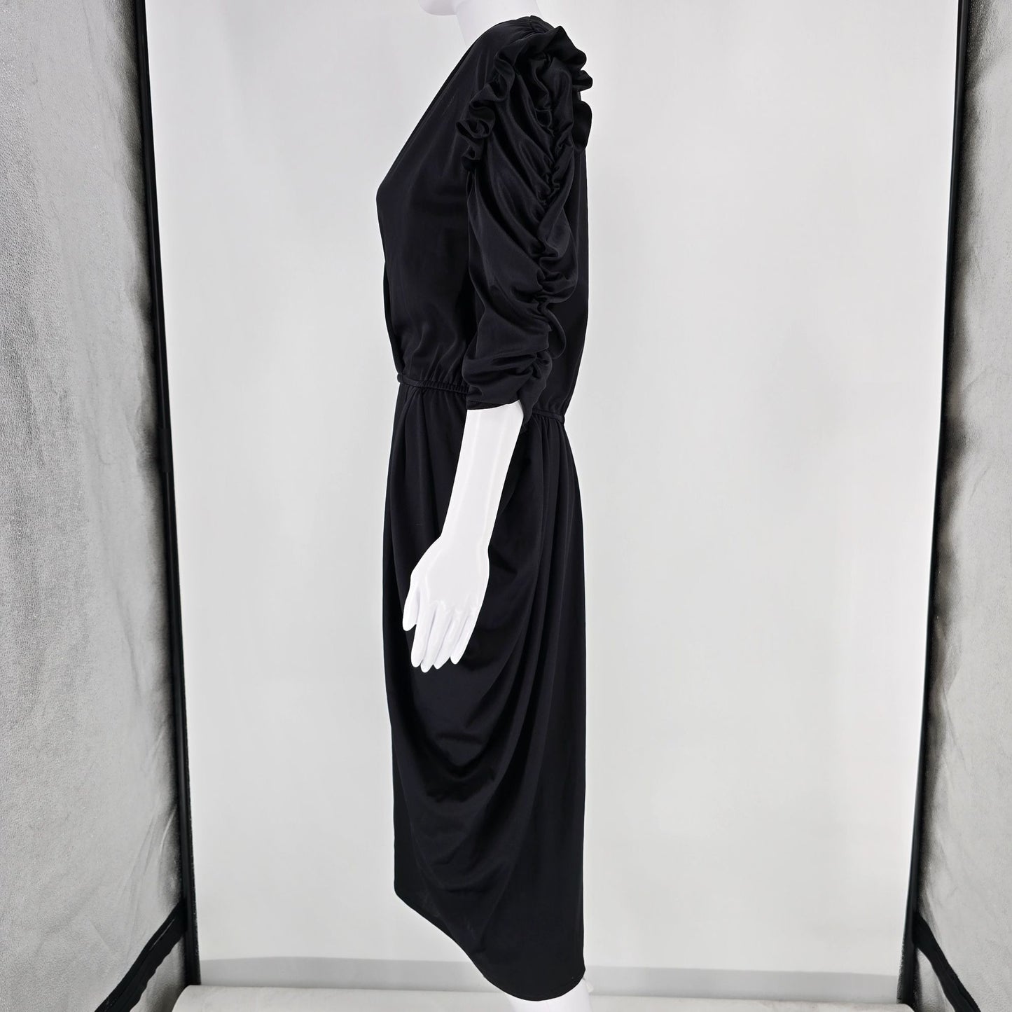 Vintage 1980s Black Supplice V-Neck Ruched Sleeve Elastic Waist Midi Dress (L)