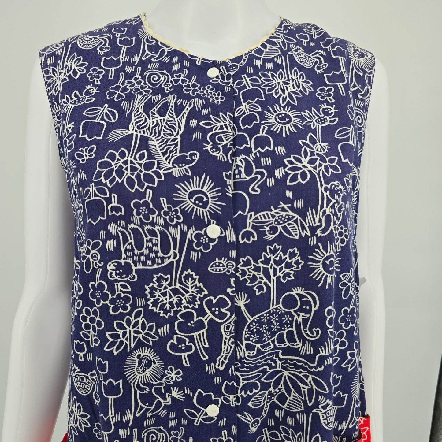 Vintage 1970s Blue/Red Novelty Animal/Floral Print Snap Front Smock Dress (L)