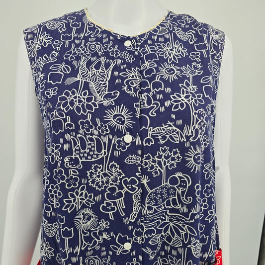 Vintage 1970s Blue/Red Novelty Animal/Floral Print Snap Front Smock Dress (L)