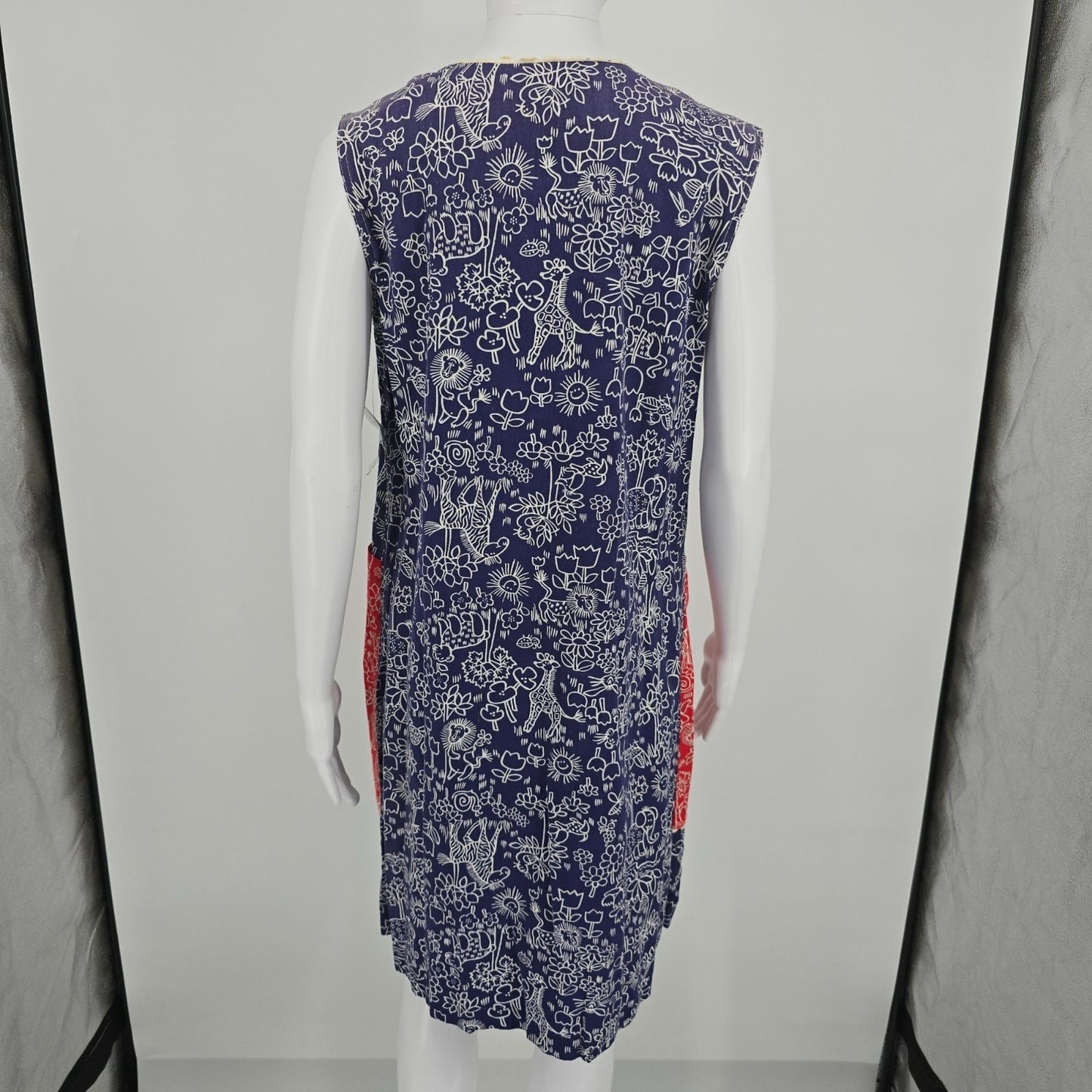 Vintage 1970s Blue/Red Novelty Animal/Floral Print Snap Front Smock Dress (L)