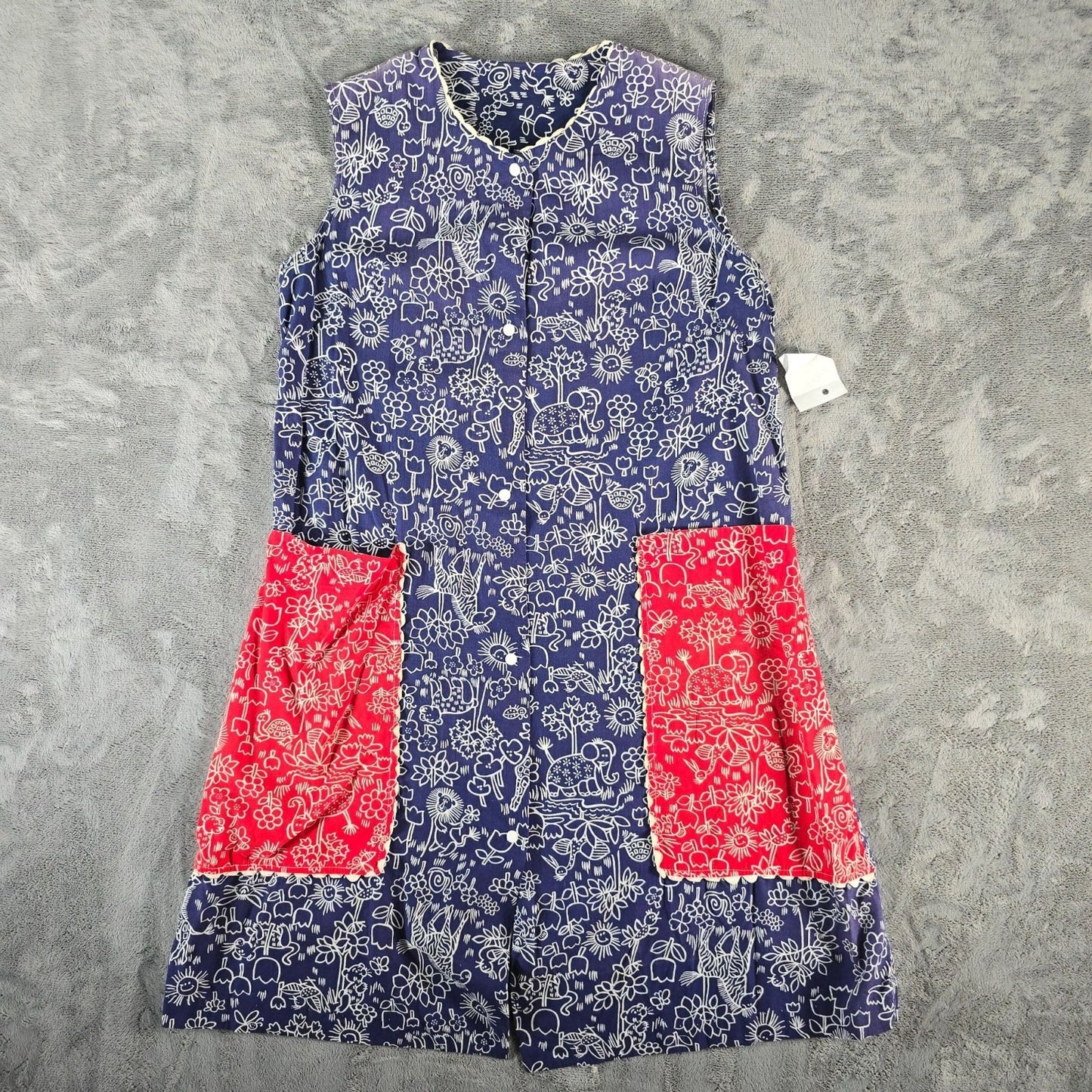 Vintage 1970s Blue/Red Novelty Animal/Floral Print Snap Front Smock Dress (L)