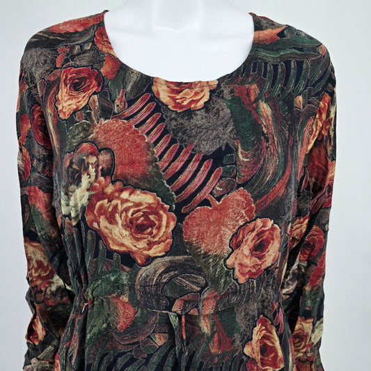 Vintage 1990s Unbranded Black Floral Print Long Sleeve Maxi Dress (Size 14/L)