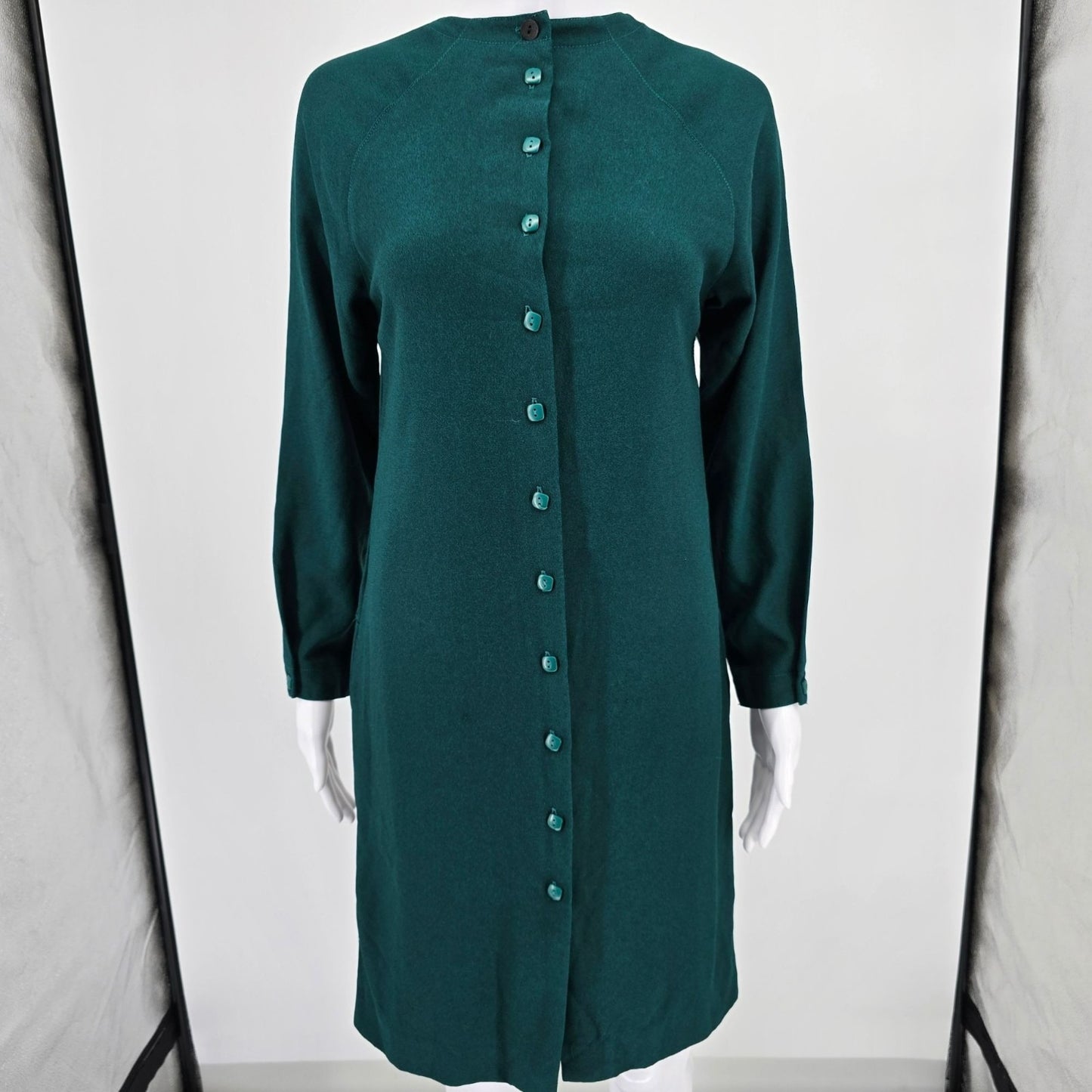 Vintage 1990s Jewel Green Long Sleeve Button-Front Sheath Career Dress (S/M)