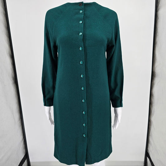 Vintage 1990s Jewel Green Long Sleeve Button-Front Sheath Career Dress (S/M)