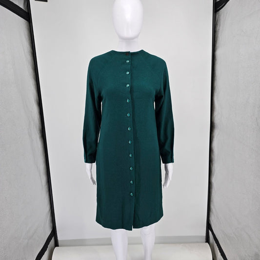 Vintage 1990s Jewel Green Long Sleeve Button-Front Sheath Career Dress (S/M)