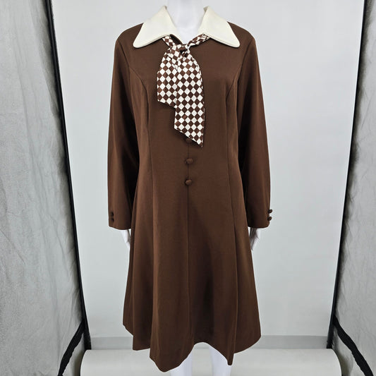 Eary 1970s Toni Todd Brown Collared Lavallière Secretary Day Dress (Size 14/L)