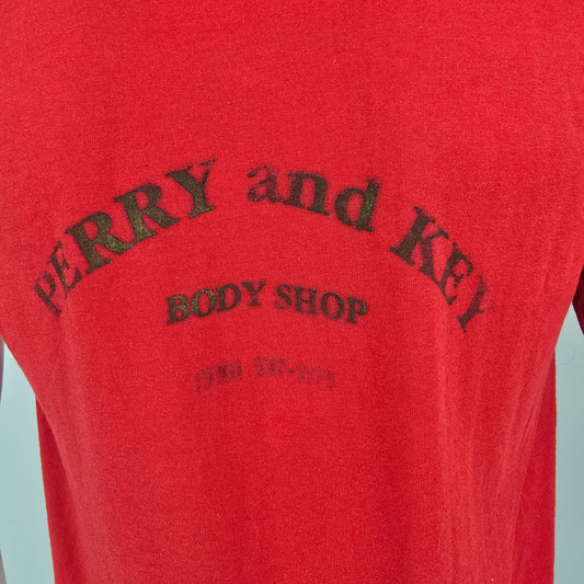 Vintage 1990s Perry and Key Body Shop Hayward California Pocket T-Shirt (S/M)