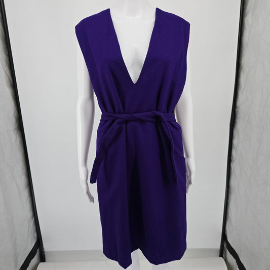 Vintage 1960s Mod Purple V-Neck Belted Sleeveless Sheath Jumper Dress (14/L)