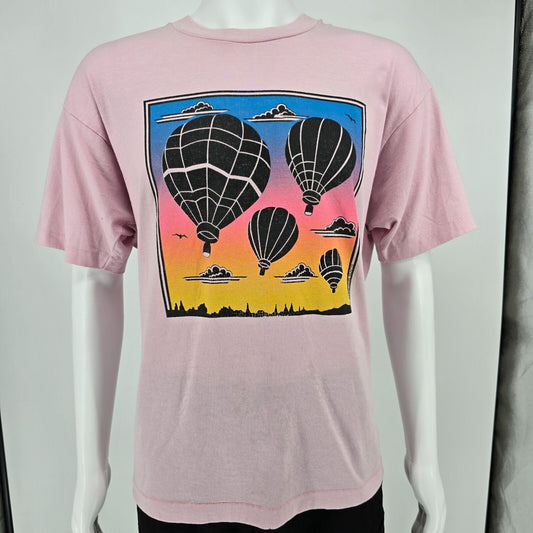 Vintage 1990s Expressions Unlimited Hot Air Balloon Sunset Pink T-Shirt (XL)